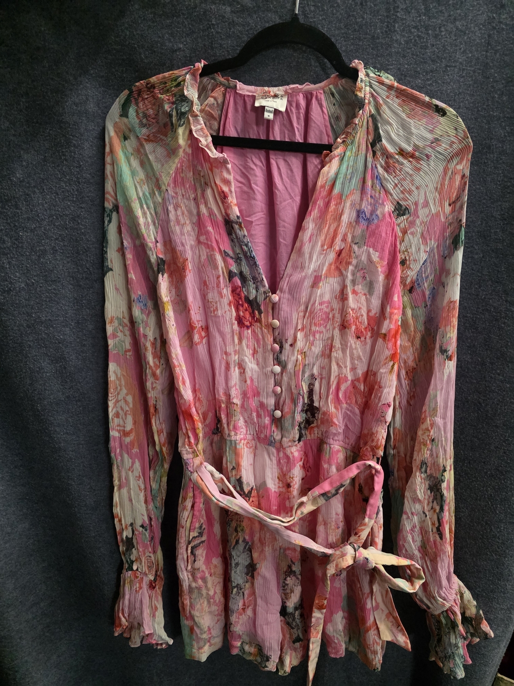 Floral Pink Long-Sleeve Button Front Women's Dress - Picture 6 of 7
